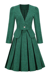 A-Linie V Ausschnitt Grünes Gitter Vintage Kleid